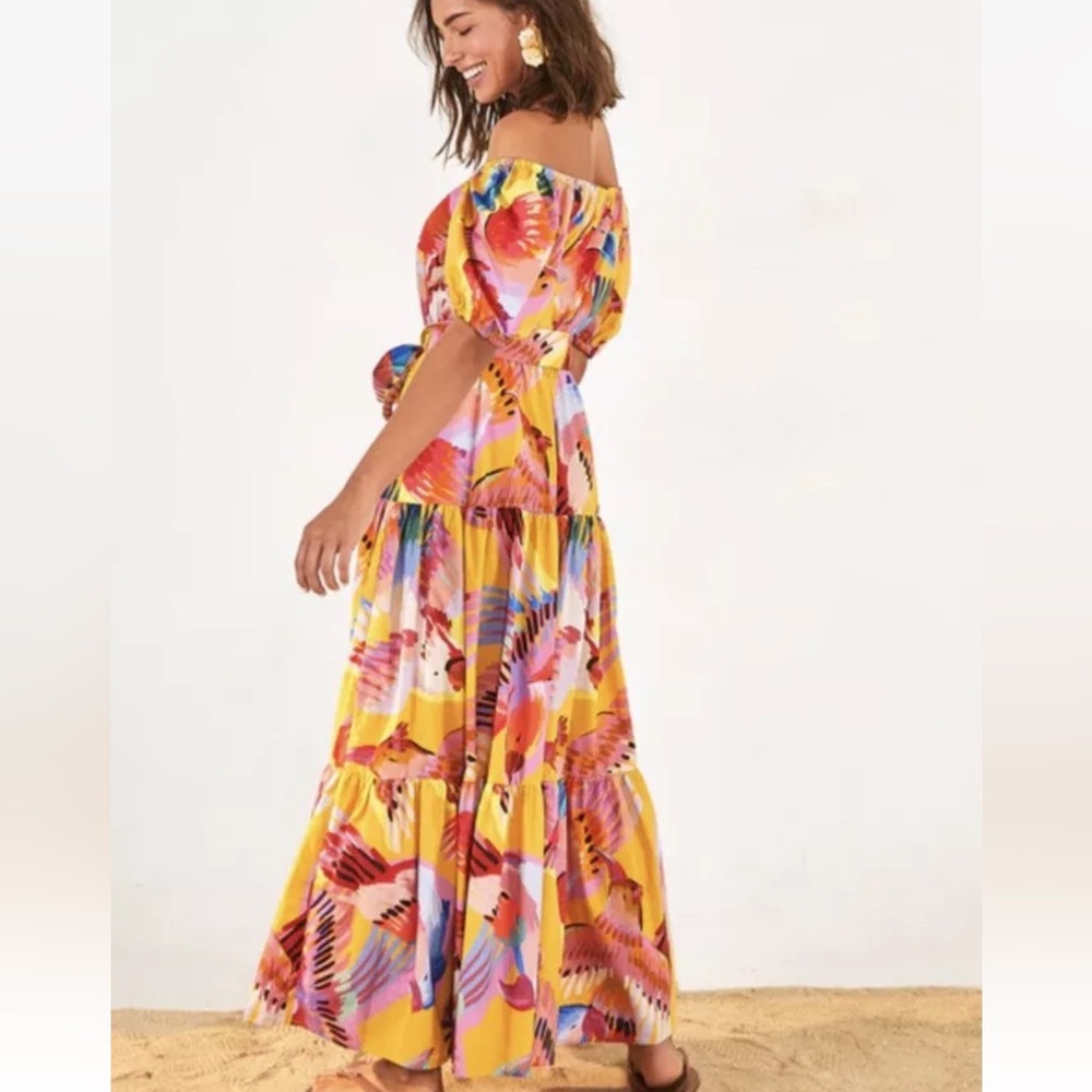 NWT FARM RIO Anthropologie Neon Macaws Puff Sleeve Maxi Dress - Picture 16 of 16